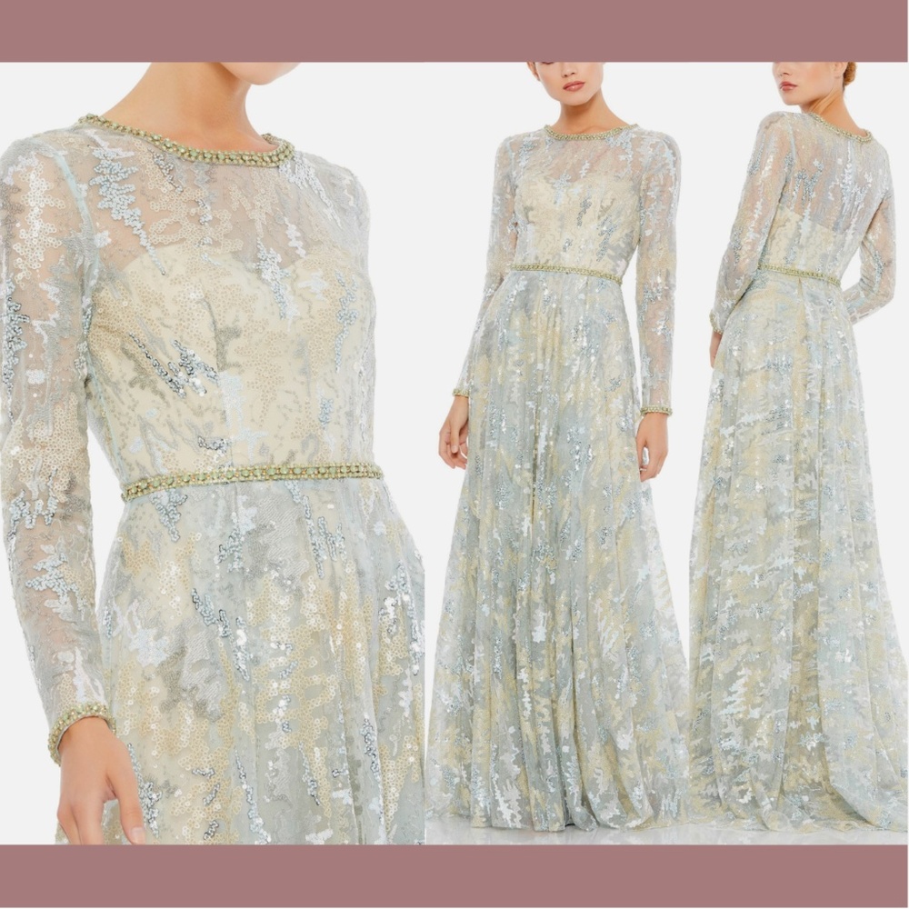 NWT $798 Mac Duggal [ 6‎ ] Jeweled Long Sleeve A-Line Embroidered Gown sea mist